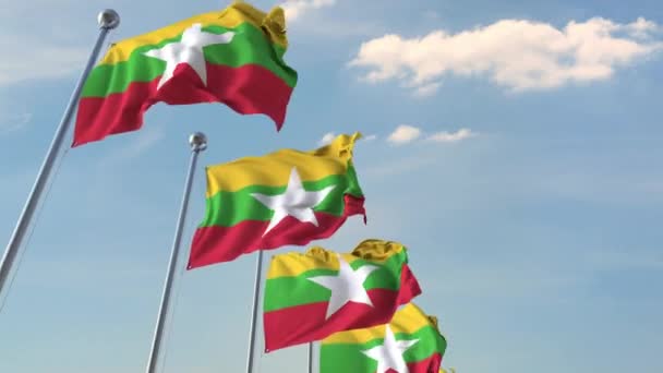 Fila de bandeiras acenando de Myanmar. Loopable animação 3D — Vídeo de Stock