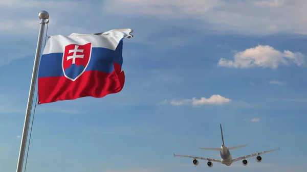 슬로바키아의 국기 위에 전달 여객기. 슬로바키아 항공 운송 관련 3D 렌더링 — 스톡 사진