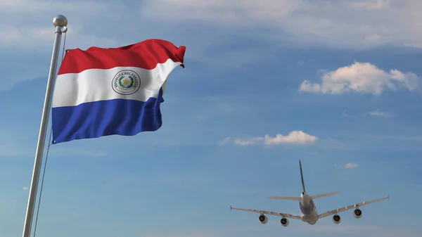 Авиалайнер, проходящий над государственным флагом Парагвая. 3D рендеринг, связанный с воздушным транспортом Парагвая — стоковое фото