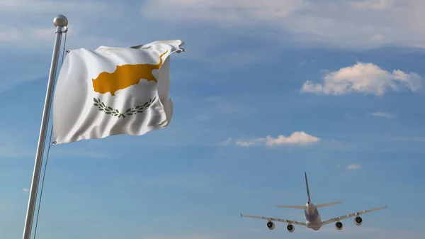 Passagierflugzeug über der zyprischen Nationalflagge. zypriotischer Luftverkehr im Zusammenhang mit 3D-Rendering — Stockfoto