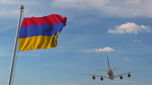 Авіалайнер проходить над національним прапором Вірменії. Вірменський повітряний транспорт пов'язані 3D-рендерінг — стокове фото