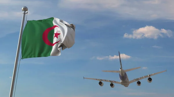 アルジェリアの旗の上を飛ぶ飛行機。アルジェリア航空輸送関連3Dレンダリング — ストック写真