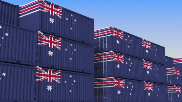 Αποθήκη εμπορευματοκιβωτίων γεμάτη δοχεία με σημαία της Αυστραλίας. Αυστραλιανή εξαγωγή ή εισαγωγή σχετικά loopable 3D κινούμενα σχέδια — Αρχείο Βίντεο