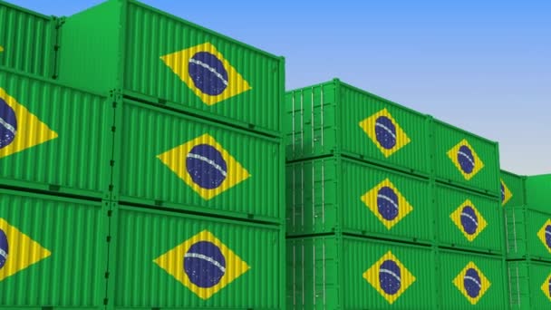 Terminale container pieno di container con bandiera del Brasile. Brasiliano esportazione o importazione connessi animazione 3D loopable — Video Stock