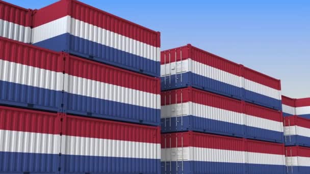 Terminal de contenedores lleno de contenedores con bandera de los Países Bajos. Animación 3D loopable relacionada con la exportación o importación holandesa — Vídeos de Stock