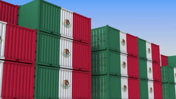 Containerterminal full av containrar med Mexikos flagga. Mexikansk export eller import relaterade loopable 3D-animering — Stockvideo