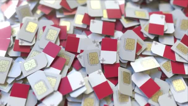 Molte schede SIM con la bandiera di Malta. Animazione 3D relativa alle telecomunicazioni mobili maltesi — Video Stock