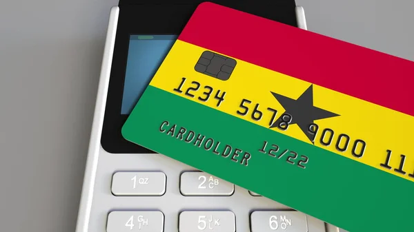 Plastic bank card featuring flag of Ghana and POS payment terminal. Ghanaian banking system or retail related 3D rendering