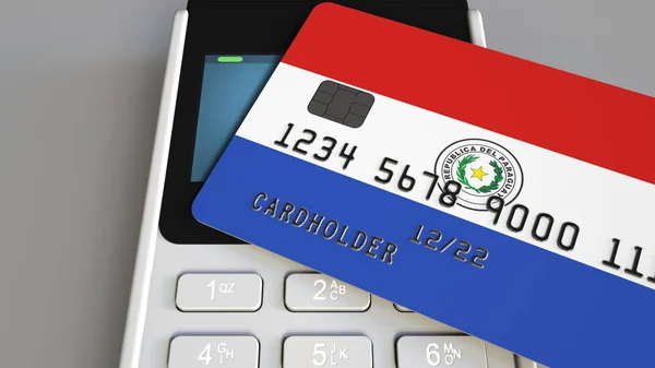 Plastic bank card featuring flag of Paraguay and POS payment terminal. Paraguayan banking system or retail related 3D rendering