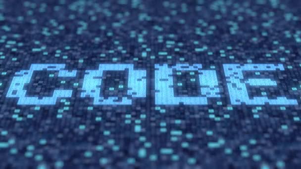 Los símbolos en una pantalla azul componen la palabra CODE. Animación 3D Loopable — Vídeo de stock