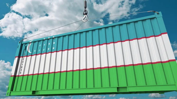 Погрузка контейнера с флагом Узбекистана. Узбекский импорт или экспорт концептуального 3D рендеринга — стоковое фото