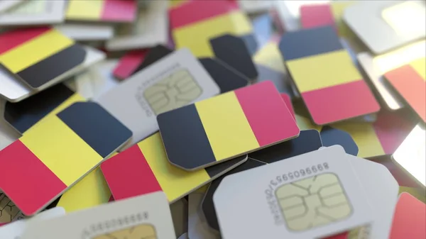 Viele sim-karten mit belgischer flagge, belgische mobile telekommunikation bezogene 3D-rendering — Stockfoto