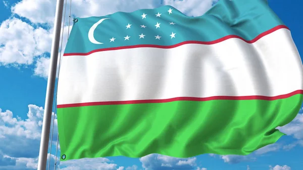 Bandera nacional de Uzbekistán en el fondo del cielo. Renderizado 3D — Foto de Stock