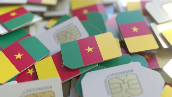 Många SIM-kort med flagga av Kamerun. Kamerunsk mobil telekommunikation relaterade 3D-rendering — Stockfoto