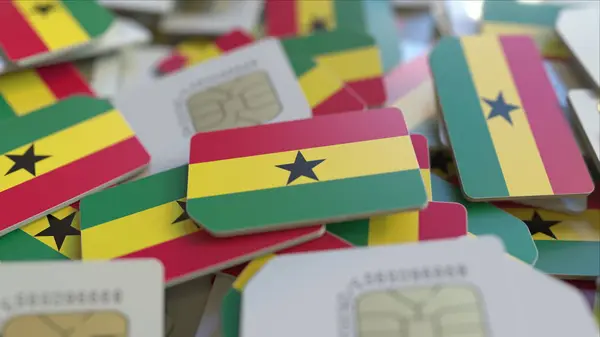 Många SIM-kort med sjunka av Ghana. Ghanansk mobil telekommunikation relaterade 3D rendering — Stockfoto