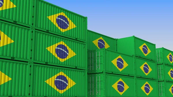Containerterminal full av containrar med flagga av Brasilien. Brasiliansk export eller importrelaterad 3D-rendering — Stockfoto