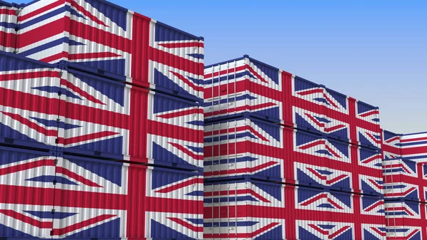 ●イギリス国旗が入ったコンテナがいっぱいのコンテナターミナル。英国の輸出または輸入関連の3Dレンダリング — ストック写真