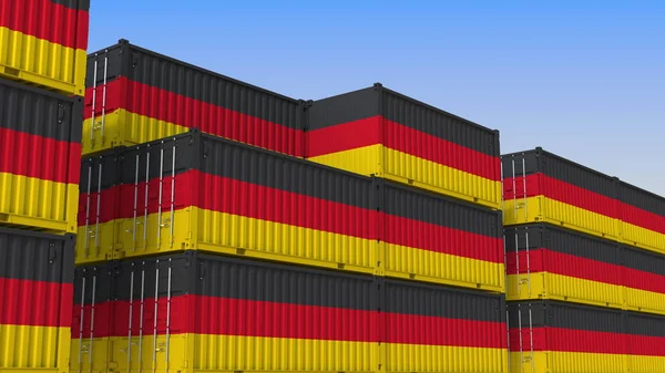 Containerterminal full av containrar med Tysklands flagga. Tysk export eller importrelaterad 3D-rendering — Stockfoto