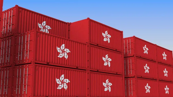 Terminal de contenedores lleno de contenedores con bandera de Hong Kong. Exportar o importar renderizado 3D relacionado —  Fotos de Stock