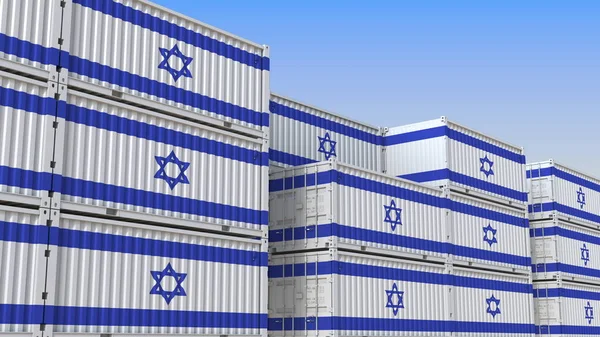 Containerterminal full av containrar med Israels flagga. Israeliska export eller import relaterade 3D-rendering — Stockfoto