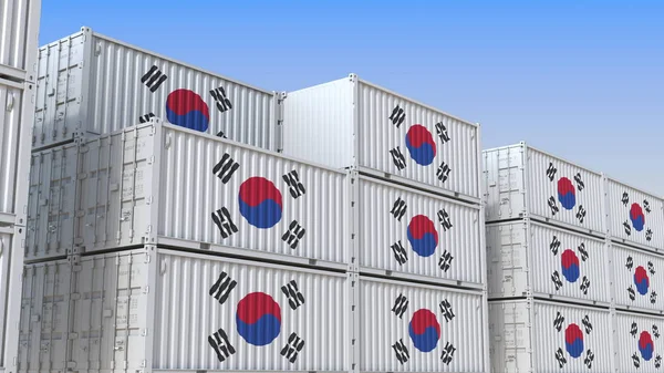 Containerterminal voller Container mit südkoreanischer Flagge. Koreanischer Export oder Import bezogener 3D-Darstellung — Stockfoto