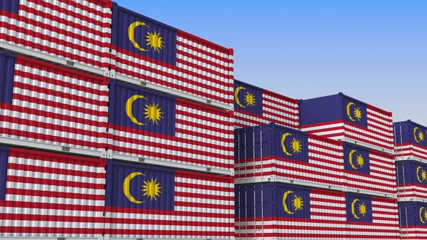 Container terminal full of containers with flag of Malaysia. Malaysian export or import related 3D rendering — Stock Photo, Image