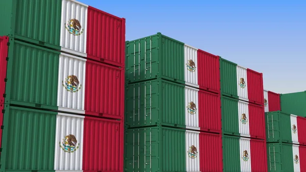 Terminal de contenedores lleno de contenedores con bandera de México. Exportación o importación mexicana relacionada con renderizado 3D — Foto de Stock