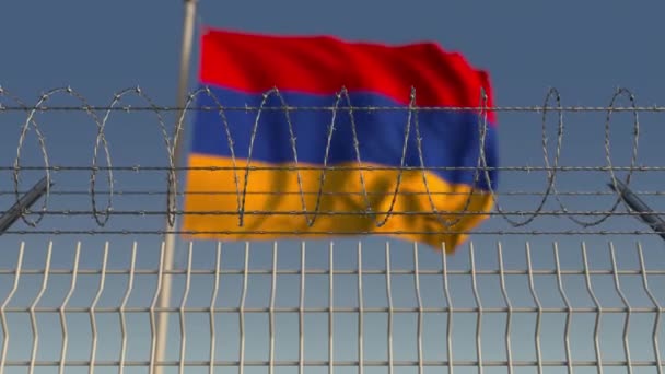 Veel zwaaiende vlag van Armenië achter prikkeldraad hek. Conceptuele loop bare 3D-animatie — Stockvideo