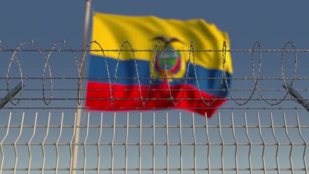 Vliegende vlag van Ecuador achter prikkeldraad hek. Conceptuele loop bare 3D-animatie — Stockvideo