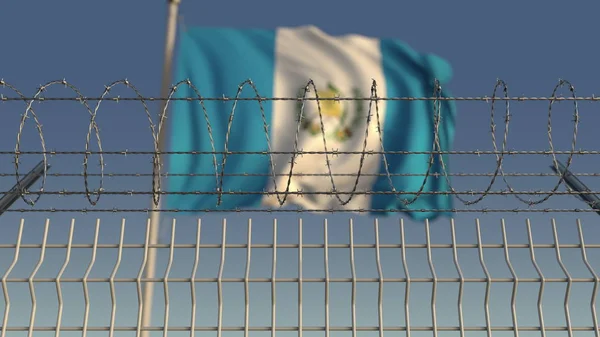在铁丝网后面挥舞着危地马拉国旗。概念 3D 渲染 — 图库照片
