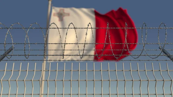 Dikenli tellerin arkasında Malta bayrağı dalgalanıyor. Kavramsal 3d render — Stok fotoğraf