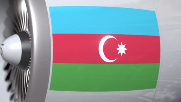 Drapeau volant de l'Azerbaïdjan sur moteur tourbine d'avion. Animation 3D liée à l'aviation — Video
