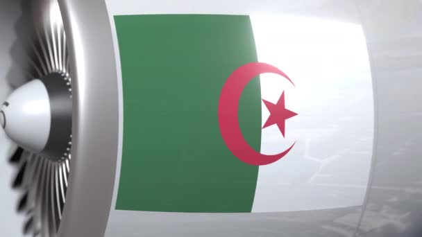 Національний прапор Алжиру в двигуні літака турмбайн. Авіаційні пов'язані 3D-анімації — стокове відео