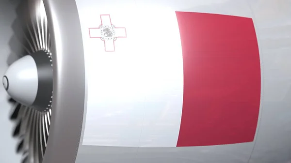 Vliegende vlag van Malta op vliegtuig tourbine motor. Aviation gerelateerde 3D rendering — Stockfoto