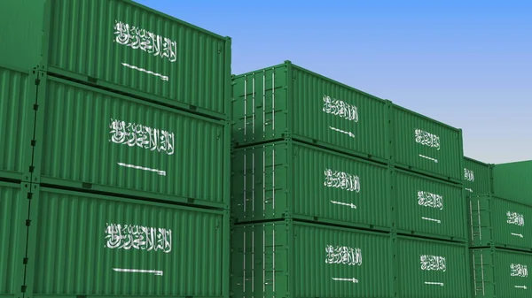 Terminal de contentores cheio de contentores com bandeira da Arábia Saudita. Renderização 3D relacionada à exportação ou importação — Fotografia de Stock