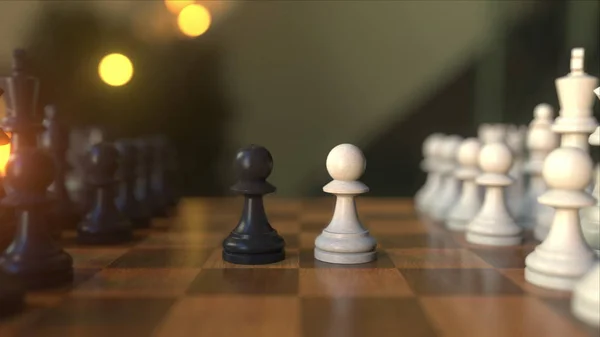 Шахматная игра. Первые два хода пешки. Шахматная доска крупным планом, реалистичный 3D рендеринг — стоковое фото