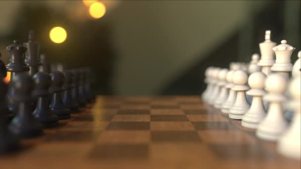 Sakk-játék. Az első két gyalog mozog. Sakktábla közeli, valósághű 3D-s animáció — Stock videók