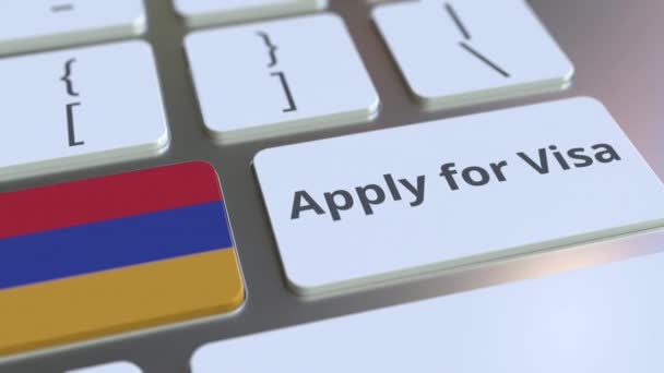 APPLY FOR VISA text and flag of Armenia on the buttons on the computer keyboard. Conceptual 3D animation — Stock Video