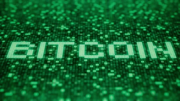 Blinkende Hexadezimalsymbole auf einem grünen Computerbildschirm bilden das Bitcoin-Wort. 3D-Darstellung — Stockfoto