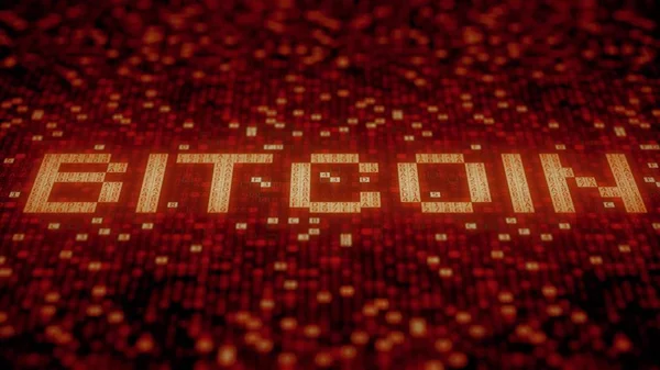 Blinkende Hexadezimalsymbole auf einem roten Computerbildschirm komponieren Bitcoin-Text. 3D-Darstellung — Stockfoto