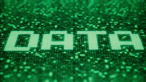 Τα δεκαεξαδικά σύμβολα που αναβοσβήνουν σε μια πράσινη οθόνη υπολογιστή συνθέτουν τη λέξη δεδομένων. απόδοση 3D — Φωτογραφία Αρχείου