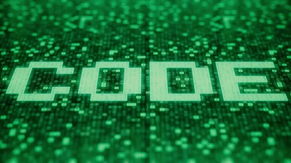 CODE word being made with flashing hexadecimal symbols on a green computer screen. 3D rendering — Stock Photo, Image