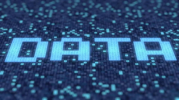 Símbolos piscando em uma tela azul compõem a palavra DATA. Renderização 3D — Fotografia de Stock
