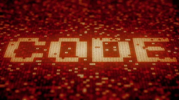 在红色计算机显示屏上闪烁的十六进制符号制作的代码字。3d 渲染 — 图库照片