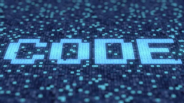 Los símbolos en una pantalla azul componen la palabra CODE. Renderizado 3D — Foto de Stock