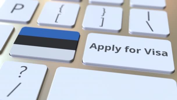 APPLY FOR VISA text and flag of Estonia on the buttons on the computer keyboard. Conceptual 3D animation — Stock Video