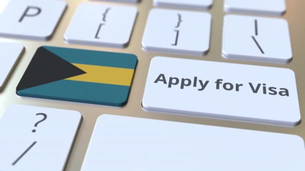 Ansök om visum text och flagga Bahamas på knapparna på datorns tangentbord. Konceptuell 3D-animering — Stockvideo