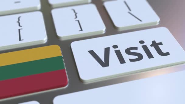 Odwiedź tekst i flaga Litwy na przyciski na klawiaturze komputera. Koncepcyjna animacja 3D — Wideo stockowe