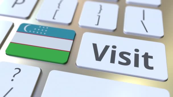 Visite el texto y la bandera de Uzbekistán en los botones del teclado del ordenador. Animación 3D conceptual — Vídeo de stock