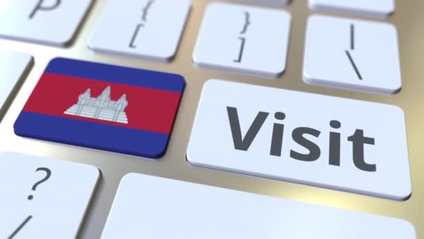 Bilgisayar klavyesindeki düğmelerde Kamboçya metnini ve bayrağını ziyaret edin. Kavramsal 3d animasyon — Stok video